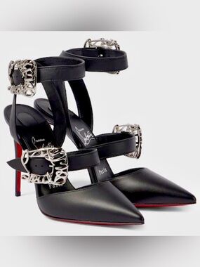 Christian Louboutin Never Worn Black Leather Logo Buckle Pumps Heels 37.5